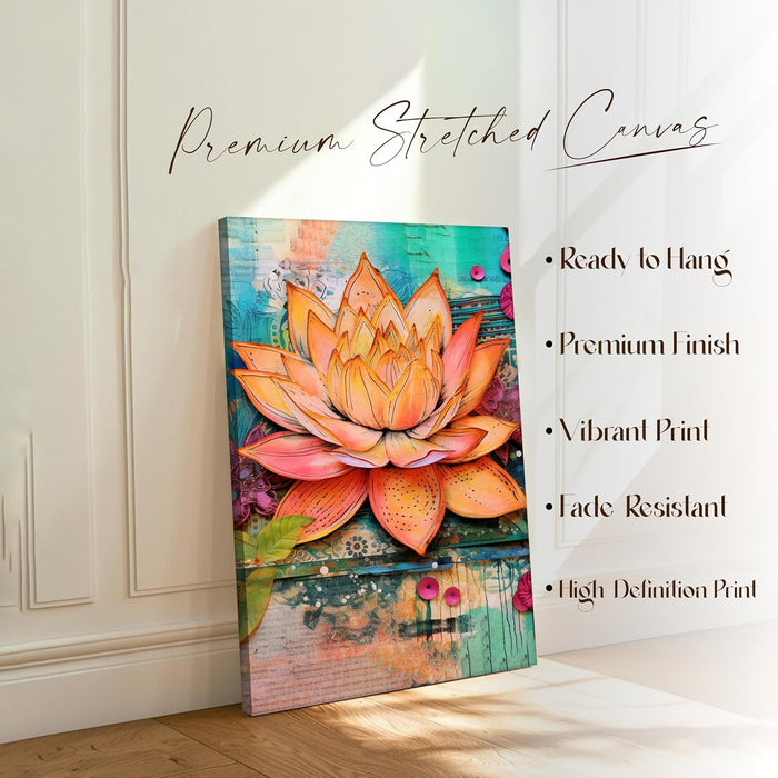 Abstract Multicolor Digital Art of Lotus Flower Stretched Canvas Painting with Frame – Wall Art – Framed Canvas Wall Décor (23x35 Inch)