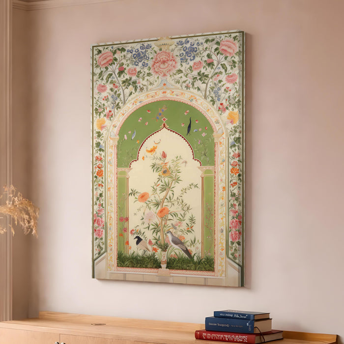 Mughal Floral Stretched Canvas Painting For Living Room | Madhubani Garden Stretched Canvas Wall Art For Livingroom Home Decor, Bedroom, Hallway's, Office, Hotel - 56x86 cm