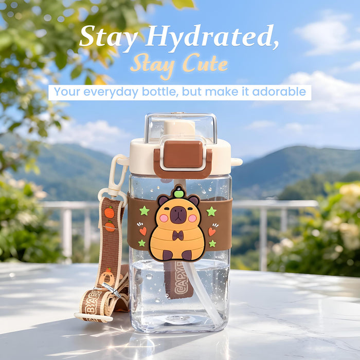 Art Street Water Bottle for Kids – 550ML Square Sipper with 3D Silicone Charm, Adjustable Shoulder Strap, Leak-Proof & BPA-Free Portable Travel Bottle for School & Outdoors (Brown, 7x3)