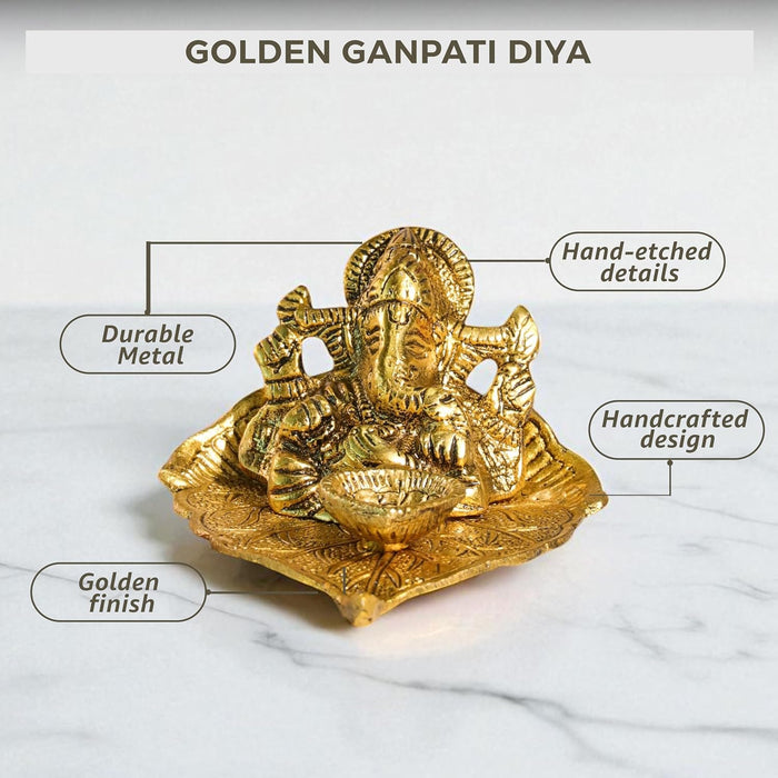 Mental Ganesha Idol on Peepal Leaf with Diya Oil Lamp, Diwali Pooja Decoration Items, Brass Finished Idols for Deepawali Decor Oil Lamp 8.9x5.8 cm