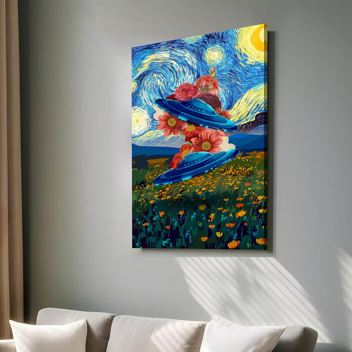Art Street Stretched Canvas Painting Flying UFO Starry Night Graffiti Floral Wall Art for Home Decor, Living Room, Office.