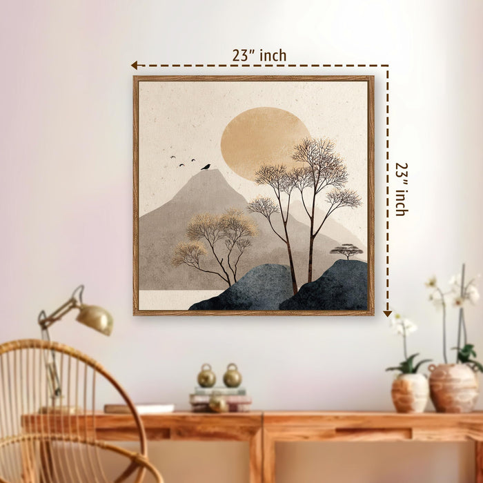 Boho Mountain Sun Landscape Framed Painting For Living Room | Japandi Abstract Landscape Large Canvas Painting With Frame Wall Art For Bedroom, Hallway's, Office, Hotel, Size 58x58 cm