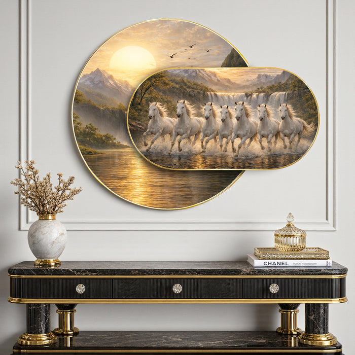 7 White Running Horses Framed Painting For Living Room Abstract Vastu Sunrise Unique Layered Home Wall Decor- 56x82 cm