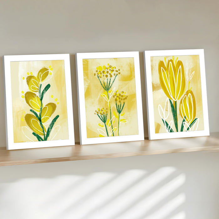 Art Street Framed Wall Art Print Yellow Tulip Floral Still Life With Spring Leaves Wall Decor For Home, Bedroom, Office Decoration (Set Of 3, 12.7x17.5 Inch)
