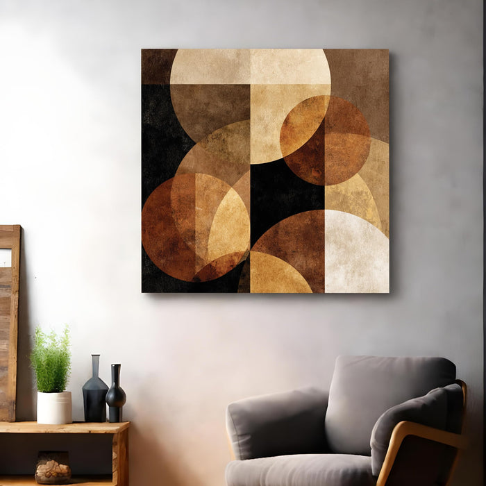 Abstract Geometric Stretched Canvas Wall Art Painting For Living Room, Mid-Century Modern, Minimalist Round Overlapping Shapes in Earthy for Living Room & Office (56xx56 cm)