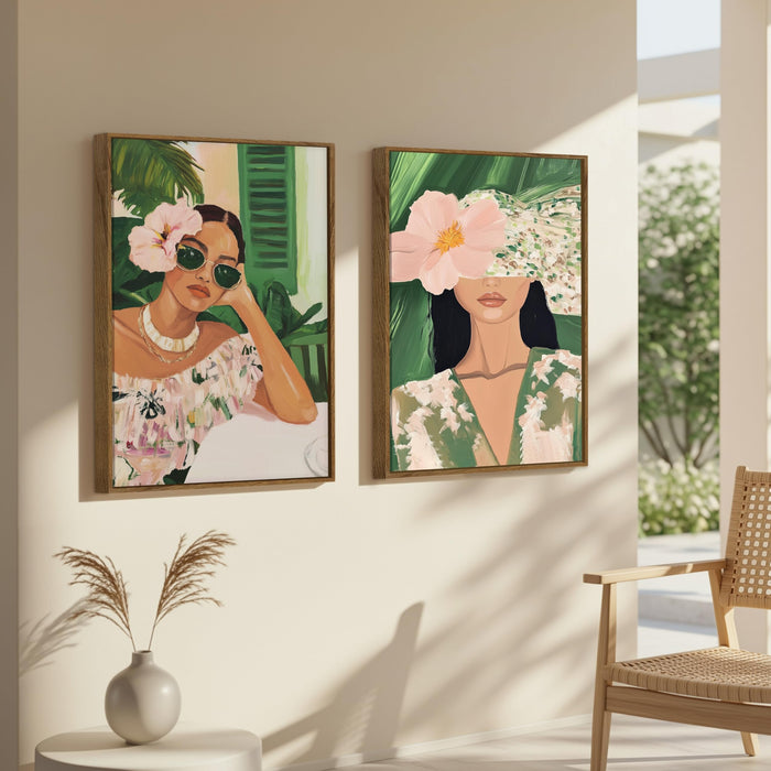 Boho Women Portrait Green and Pink Canvas Painting Bohemian Large Wall Art Painting for Living Room Decoration, Stylish Large Wall Art Print for Wall Decor (Set of 2, 58x89 cm)
