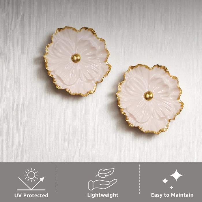 Pack of 2 White and Golden Floral Shape Ceramic Wall Decor Plates Handmade Round Floral Wall Hanging Decorative Items – 14x14 cm