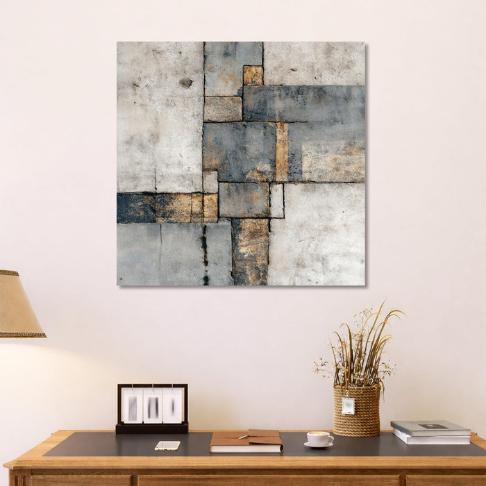 Abstract Industrial Tranquility Stretched Canvas Art Painting For Living Room, Gold & Blue Geometric Square Painting, Contemporary Decor for Living Room, Office & Home Decor (56xx56 cm)