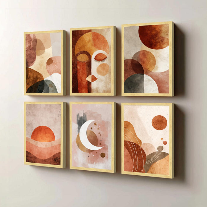 Botanical Abstract Framed Painting Wall Art Set of 6 |Modern Geometric Face, Sun & Moon Prints| Soft Neutral Tones | Engineered wood Frame Wall Décor, (Size: A3)