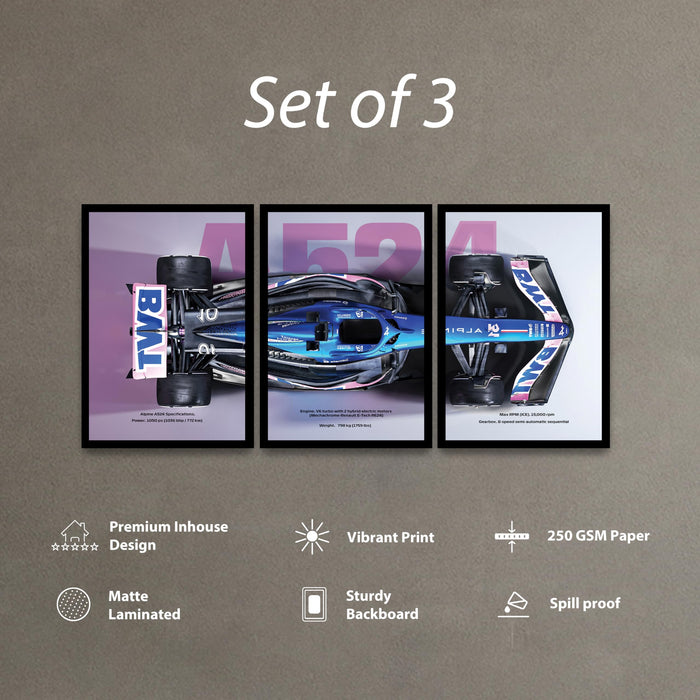 Framed Racing Motorsports Painting for Men | Modern Race Car Wall Art Painting for Bedroom, Living Room, Office and Home Wall Decoration (Set of 3, 33x45 cm)