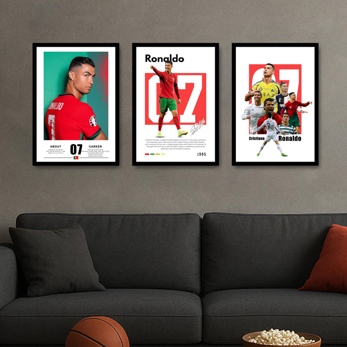 Cristiano Ronaldo Player Sports Painting With Frame for living room, Football Player Framed Wall Art Painting for Home Decor Set of 3, Size 13.6 by 17.9 Inch