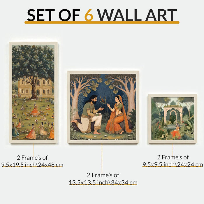 Framed Wall Art Print Pack of 6 Framed Wall Decoration Art Prints Classical Indian Garden Romantic 24x48, 34x34 and 24x24 cm