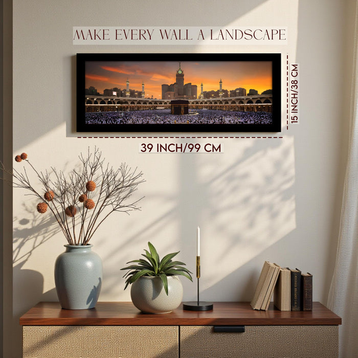 Makka Madina Kaaba Islamic Arabic Landscape Wall Art Framed Luxury Paintings for Home Decoration, Living room, Bedroom and Office Decoration (99x38 CM)