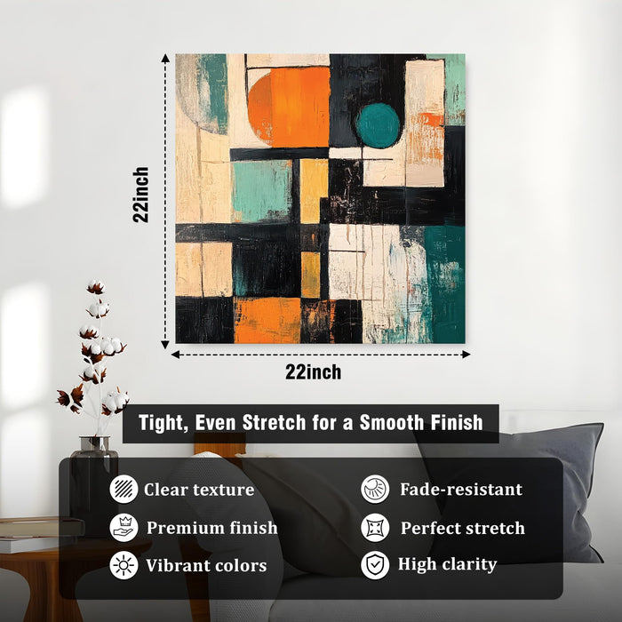 Modern Abstract Geometric Wall Art Painting For Living Room, Bold Orange, Teal & Black Shapes Stretched Canvas Wall Art Painting for Living Room, Office & Gallery Decor (56xx56 cm)