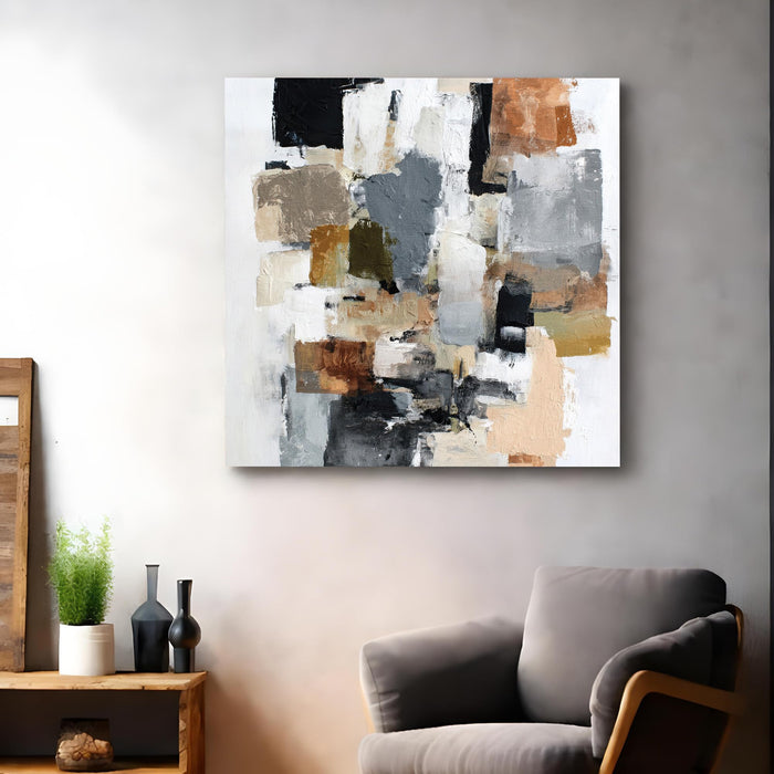 Modern Abstract Stretched Canvas Wall Art Painting For Living Room, Textured Geometric Oil Painting in Earthy Tones, Large Stretched Gallery Wrap for Living Room & Office (56xx56 cm)
