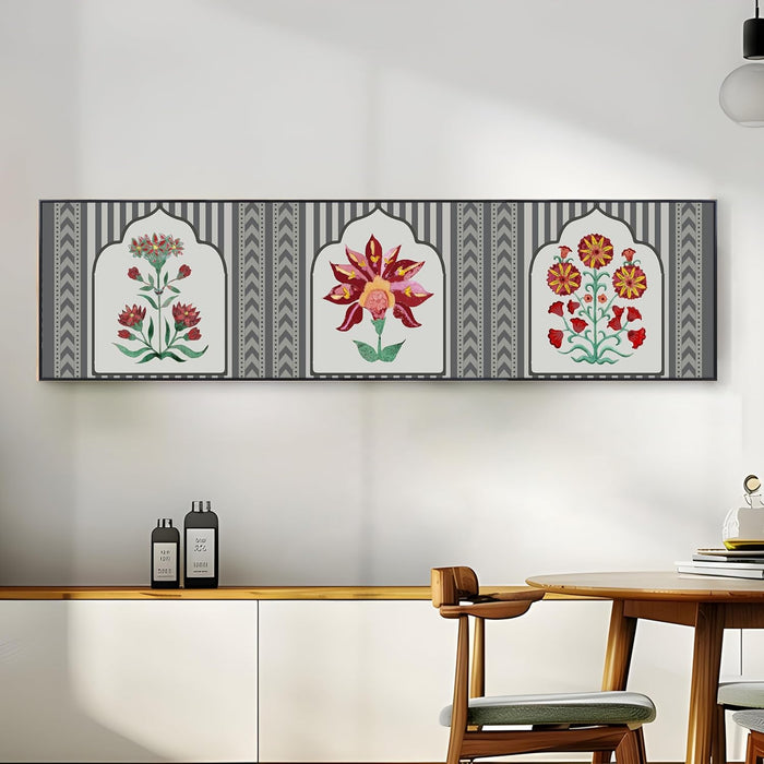 Large Canvas Painting Panel Framed Wall Art Print Traditional Indian Lotus Motif Framed Luxury Paintings for Home Decoration (Red, 13x47 Inch)