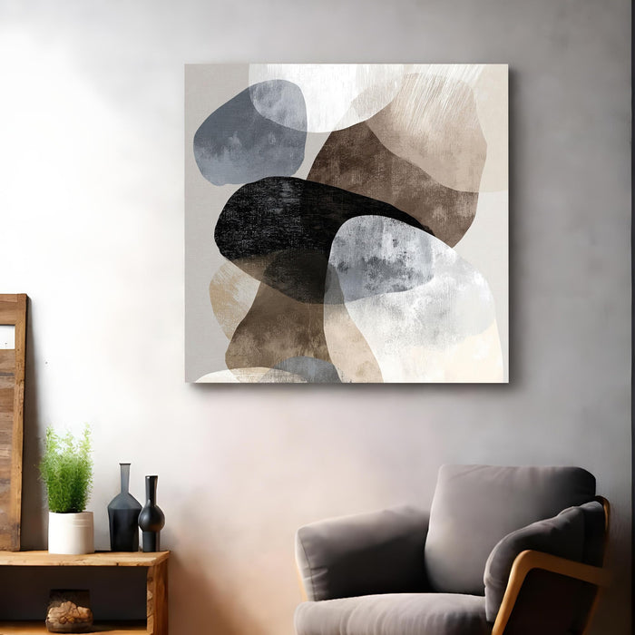 Modern Abstract Stretched Canvas Wall Art Painting For Living Room, Minimalist Geometric White & Dark Brown Textured Painting for Living Room, Office & Home Decor (56xx56 cm)