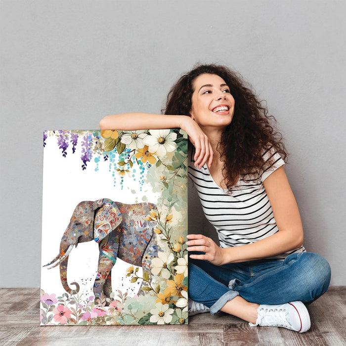 Art Street Stretched On Frame Canvas Painting Floral Garden With Elephant Art For Décor Abstract Art (Set of 2, Size: 16x22 Inch)