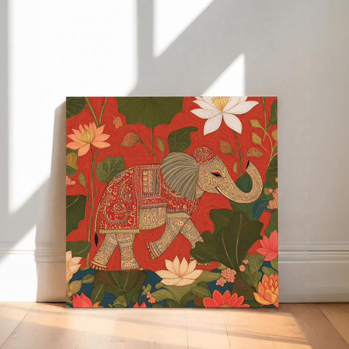 Elephant Vastu Art Stretched Canvas Painting For Living Room | Floral Madhubani Wall Art Large Canvas Painting For Livingroom Home Decor, Bedroom, Hallway's, Office, Hotel - 86x86 cm