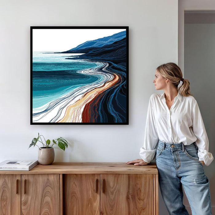 Abstract Ocean Coastline Framed Painting For Living Room | Modern Coastal Seascape Large Canvas Painting With Frame Wall Art For Bedroom, Hallway's, Office, Hotel, Size 58x58 cm