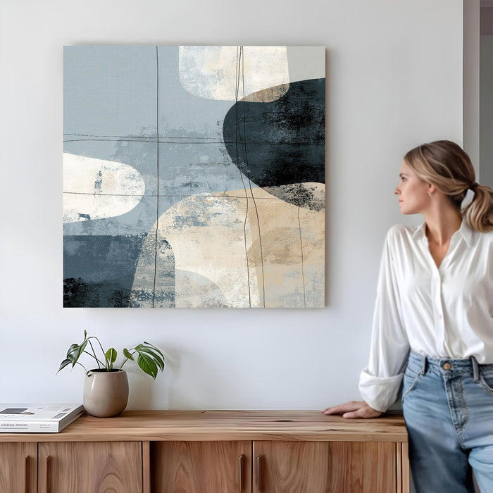 Modern Abstract Stretched Canvas Wall Art Painting For Living Room, Minimalist Navy Blue, Geometric Shapes Painting, Large Neutral Home Decor for Living Room & Office (56xx56 cm)