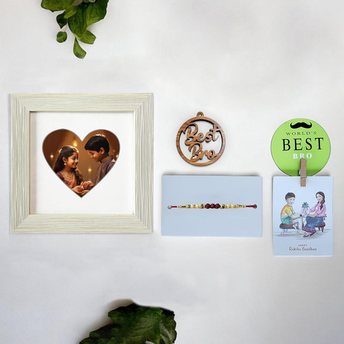 Art Street Rakhi Gift Hamper Combo Set-One Mauli Rakhi for Brother, Best Bro Keychain, One 5x7 Inch Heart Shape Photo Frame White, One Photo Clip Best Brother Fridge Magnet Rakshabandhan Rakhi