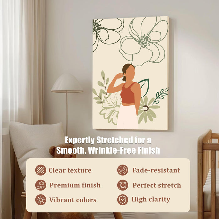 PAINTINGMANTRA Abstract Women floral rainbow Stretched Canvas Wall Art Modern Boho Illustration Painting for Home & Office Wall Decor, (16x22 Inch)