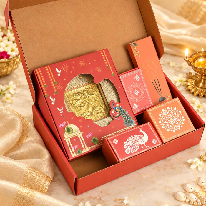 Pooja Hamper Box with Laxmi Ganesh Frame, Laxmi Charan, Aarti Sangrah, Ghanti, Agarbatti and Candle for Diwali Celebration and Gift for Family, Friends and Relatives (Pack of 7)