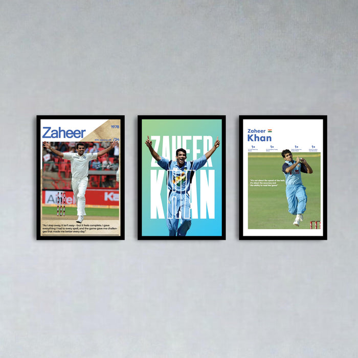 Zaheer Khan Cricket Wall Art | Legendary Indian Fast Bowler Posters | Framed Sports Wall Decor for Living Room, Bedroom, Office & Cricket Fans (13.9x17.6 Inch, Set of 3)