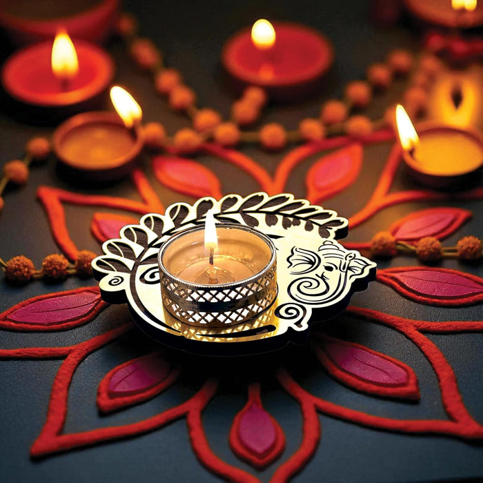 Decorative Diwali Tealight Diya Holders for Home Decoration, Dipawali Décor Items, Diwali Temple Decoration - MDF Wood Tea Light Candle Holder Deity Ganesha Motif Stand –11x11 cm