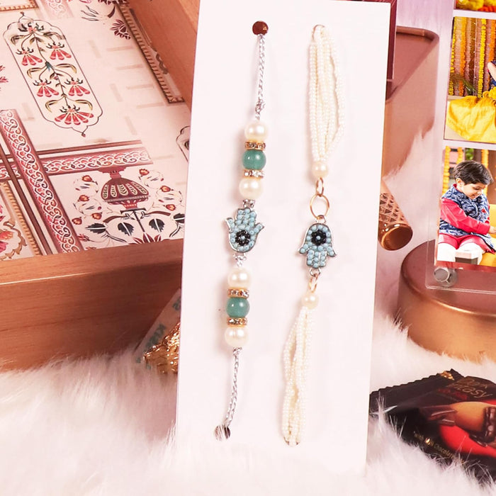 Rakhi Set for Brother and Bhabhi Premium Hand shape Rakhi with Roli and Chawal for Raksha Bandhan (Set of 3)