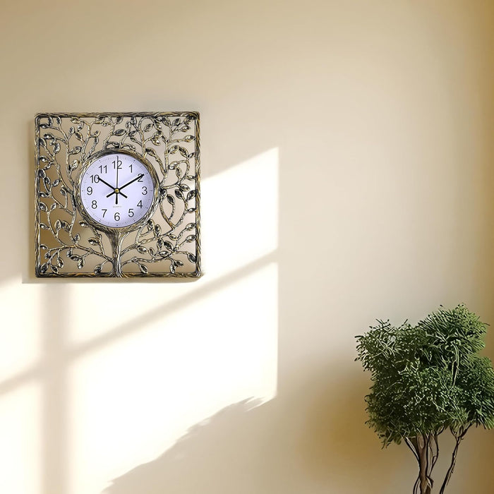 Bronze Vintage Tree Wall Clock Square Antique Design, Nature-Inspired Tree Motif Frame, Rust-Free, Lightweight Durable Plastic, Wall & Shelf Mountable  24x24 cm
