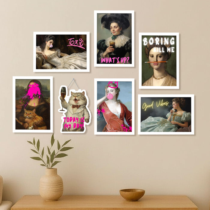 Modern Pop Art Framed Wall Art Set of 7 (1 MDF wall Hanging), Classical Portraits with Bold Quotes & Graffiti Style | Trendy Wall Decor Framed Painting for Living Room, 9x13 Inch