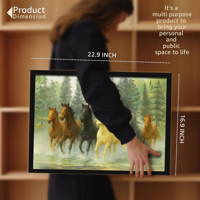 Seven Running Horses Wall Art Vastu Feng Shui Multicolor | Canvas Painting Stretched on Wood | Suits For Vastu-Friendly Place (16x22 Inch)