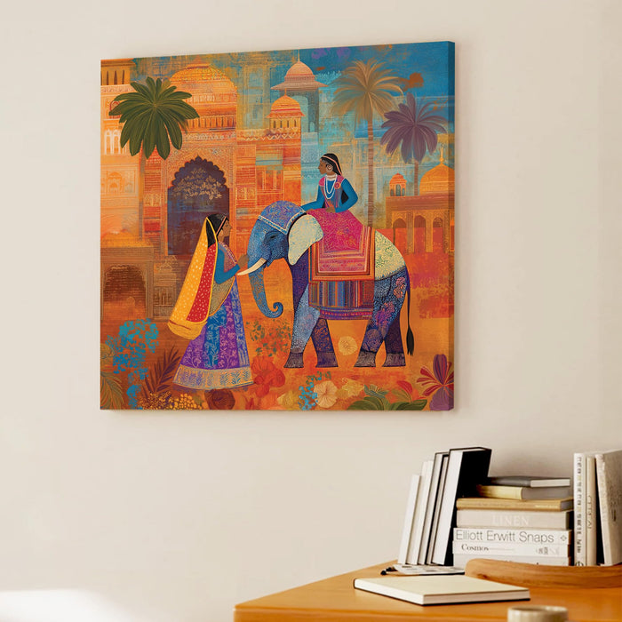 Indian Ethnic Elephant Stretched Canvas Painting For Living Room | Rajasthani Miniature Wall Art Large Canvas Painting For Livingroom Home Decor, Bedroom, Hallway's, Office, Hotel - 86x86 cm