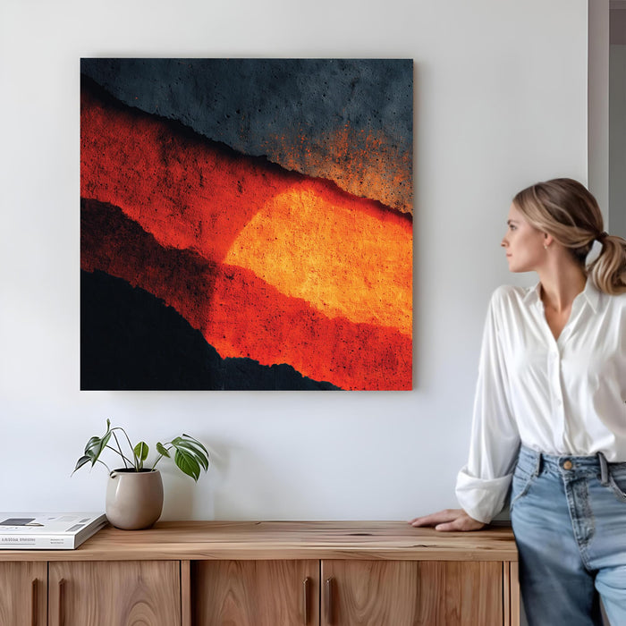 Abstract Volcanic Sunset Stretched Canvas Wall Art Painting for Living Room, Bold Red & Charcoal Textured Landscape, Contemporary Decor for Living Room, Office & Home Decor (56xx56 cm)