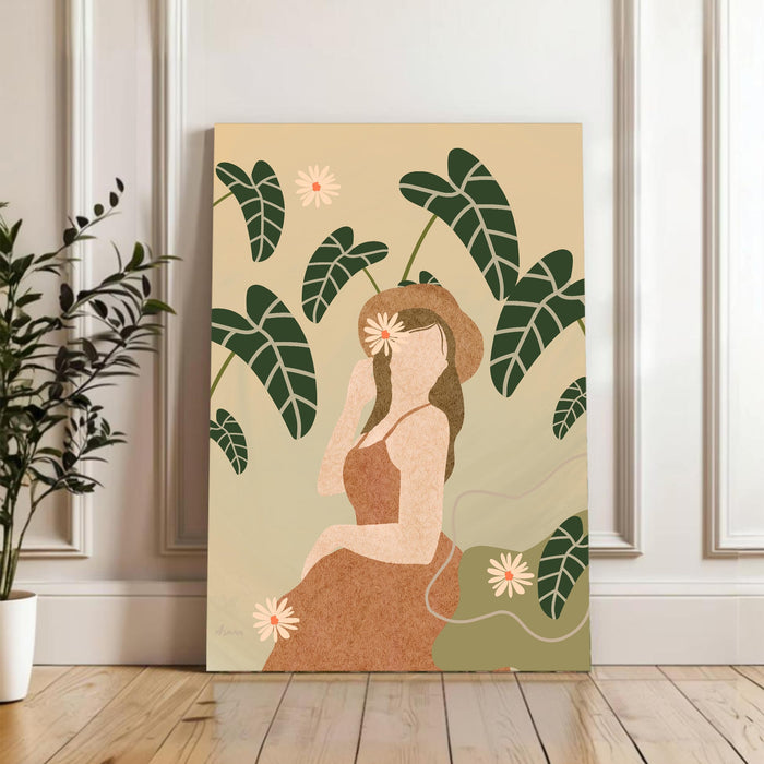Abstract Women desert botanical Stretched Canvas Wall Art Modern Boho Illustration Painting for Home & Office Wall Decor, (16x22 Inch)