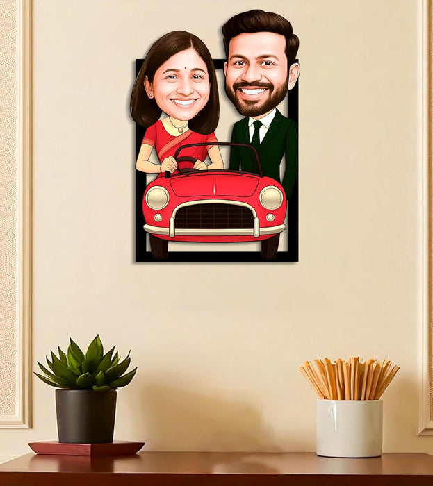 Customized Face Caricature With Car Character Cartoon Photo Frame, MDF Personalized Caricature Anniversary Gift For Husband, Wife, Customised Gift For Friends & Family, Boyfriend, Couples