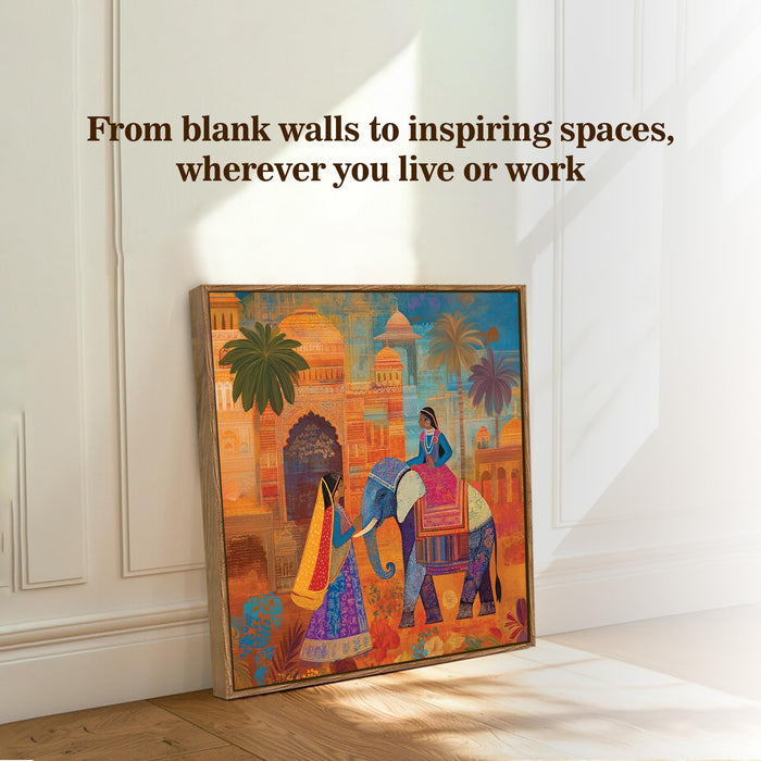 Rajasthani Elephant Folk Framed Painting For Living Room | Indian Traditional Large Canvas Painting With Frame Wall Art For Bedroom, Hallway's, Office, Hotel, Size 58x58 cm