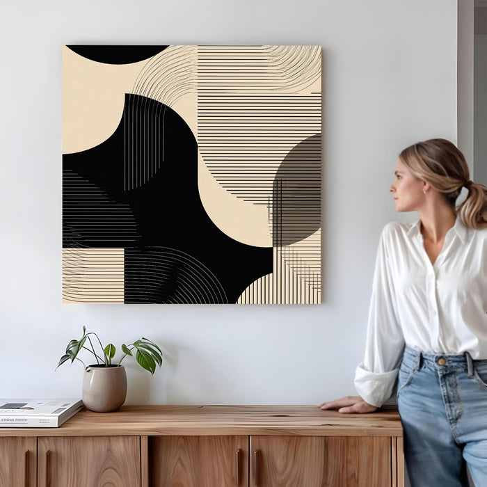 Modern Boho Optical Illusion Stretched Canvas Art Painting For Living Room, Minimalist Wavy Line & Geometric Shape Painting, Contemporary Abstract Decor for Living Room & Office (56xx56 cm)