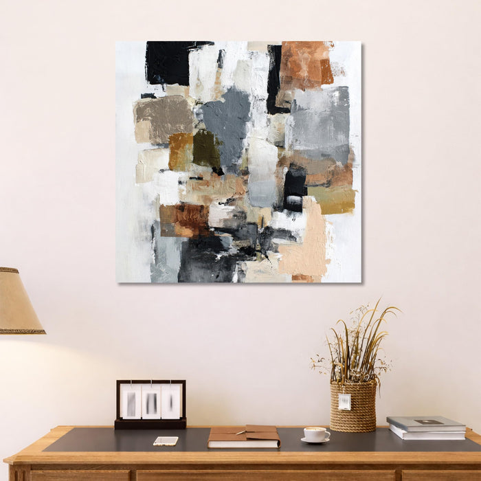 Modern Abstract Stretched Canvas Wall Art Painting For Living Room, Textured Geometric Oil Painting in Earthy Tones, Large Stretched Gallery Wrap for Living Room & Office (56xx56 cm)