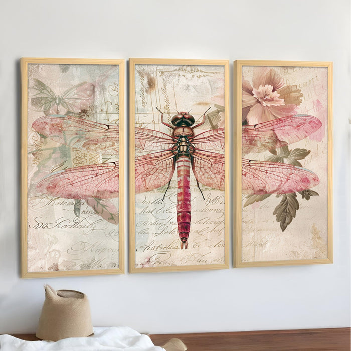 Dragonfly Floral Dictionary Wall Art Painting for Home, Engineered Wood Frame Stylish Large Wall Art Print (Set of 3, 8x18 Inch)