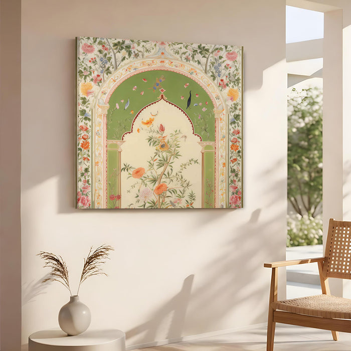 Traditional Indian Mughal Art Stretched Canvas Wall Art Painting For LIving Room, Pichwai Floral Jharokha Design with Enchanted Blossoms & Birds for Living Room, Office & Home (56xx56 cm)