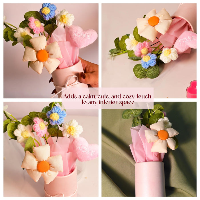 Art Street Handmade Knitted Flower Bouquet in Pink Gift Box – Artificial Daisy & Eucalyptus Arrangement with Soft Fabric Heart | Decorative Table Décor & Gift for Birthday, Anniversary, Valentine
