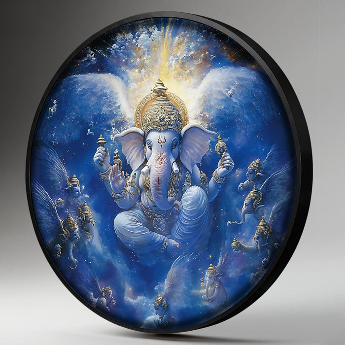 Shree Ganesh Ji Night Wall Lamp Painting with Premium Aluminium Metal Frame, Religious Round Wall Painting with Warm White Night Lamp (18x18 Inches)