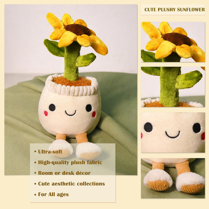 Art Street Cute White Potted Plush Plant with Smiling Face & Dangling Legs | Soft Sunflower Kawaii Desk Decor | Unique Gift for Plant Lovers, Valentine's Day