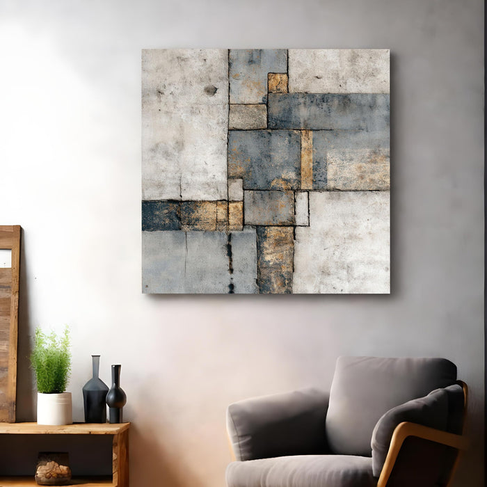 Abstract Industrial Tranquility Stretched Canvas Art Painting For Living Room, Gold & Blue Geometric Square Painting, Contemporary Decor for Living Room, Office & Home Decor (56xx56 cm)