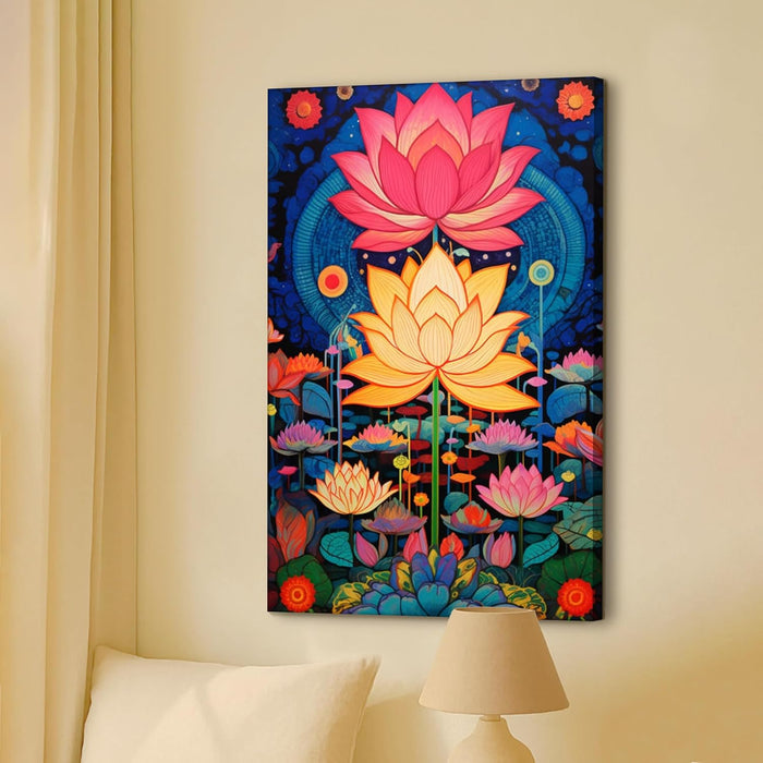 Abstract Multicolor Aesthetic Lotus Painting with Frame, Framed Canvas Paintings Stretched Canvas Wall Art  22x34 Inch