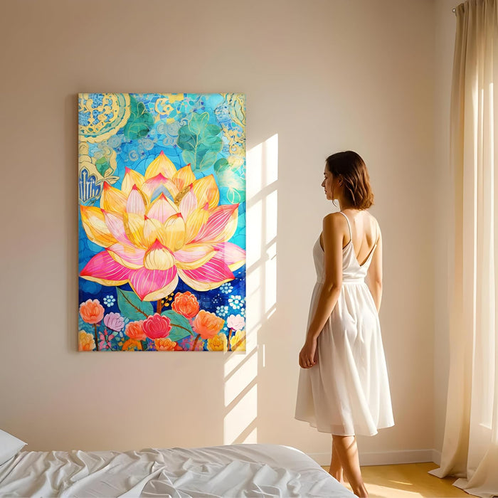 Modern Abstract Multicolor Lotus Flower Art Stretched Canvas Painting with Frame – Canvas Wall Art – 23x35 Inch Framed Canvas
