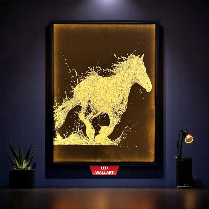 Framed Canvas Art Print with LED, Decorative Wall Decor Canvas Painting Monochromatic Running Horse from Water 43x58 cm